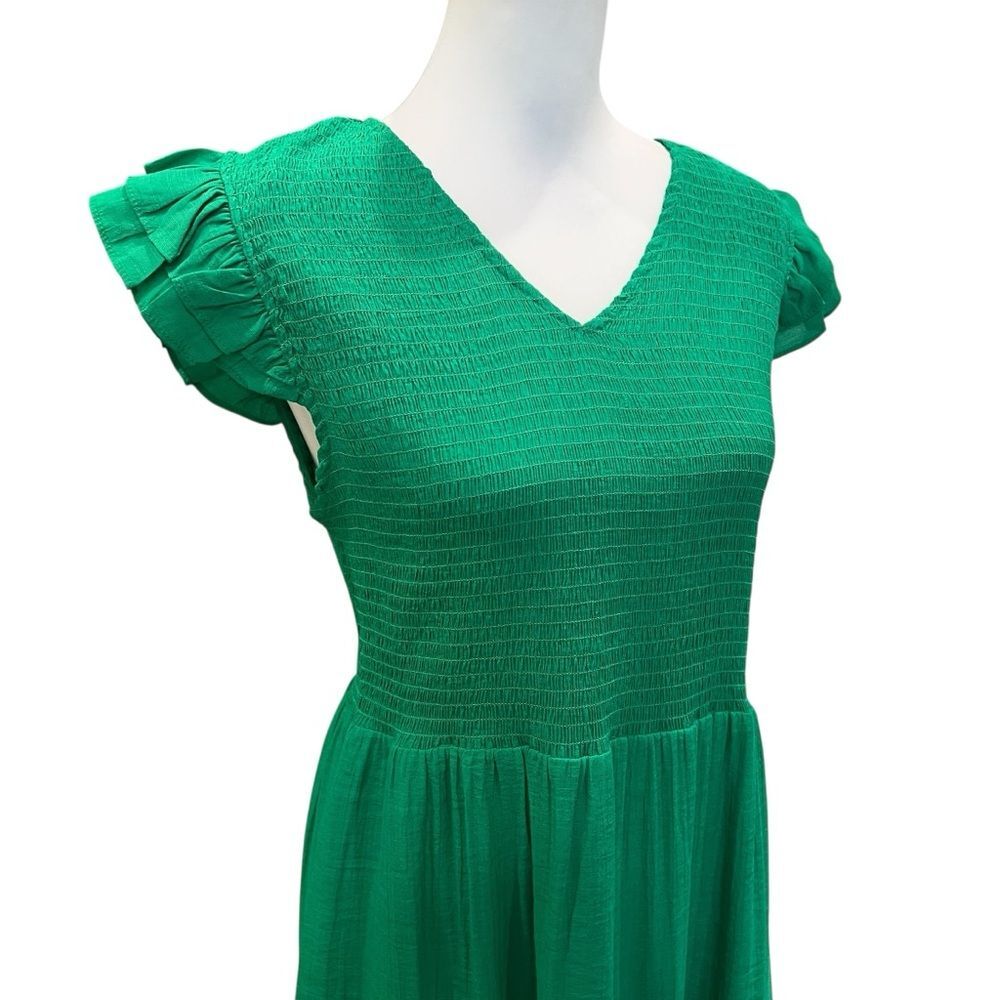 Nanette Lepore Smocked Midi Dress Flutter Sleeve Ruffle Hem Green 12 NWT - Picture 8 of 16